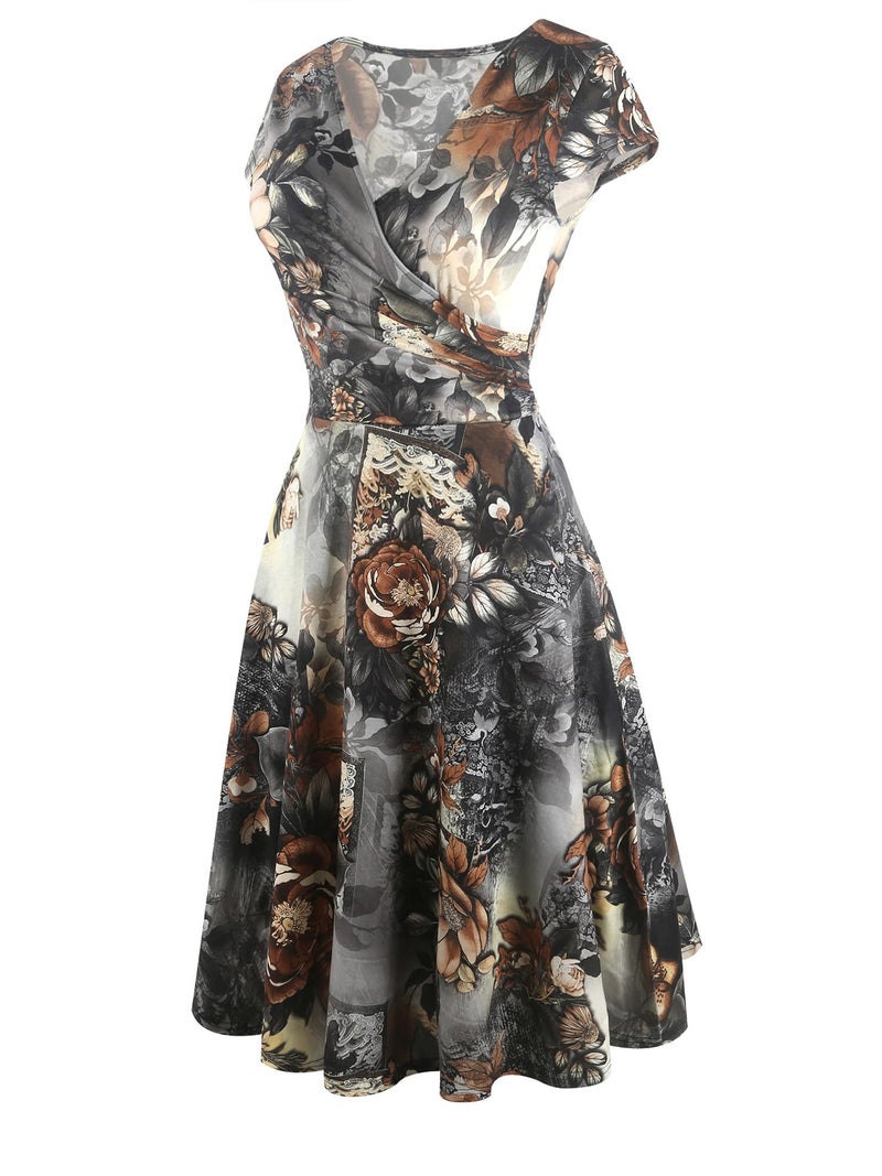 oxiuly Women's Chic V-Neck Vintage Floral Work Party Cocktail Swing Casual Summer Dress OX233 (XL, Coffee Floral) - Image 3